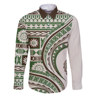 Hawaiian Hibiscus Tribal Vintage Motif Family Matching Off The Shoulder Long Sleeve Dress and Hawaiian Shirt Ver 7 LT9 Dad's Shirt - Long Sleeve Green - Polynesian Pride