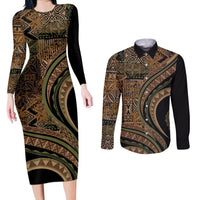 Hawaiian Hibiscus Tribal Vintage Motif Couples Matching Long Sleeve Bodycon Dress and Long Sleeve Button Shirt Ver 8 LT9 Brown - Polynesian Pride
