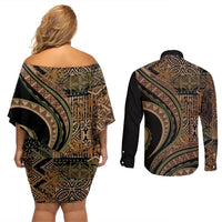 Hawaiian Hibiscus Tribal Vintage Motif Couples Matching Off Shoulder Short Dress and Long Sleeve Button Shirt Ver 8 LT9 - Polynesian Pride