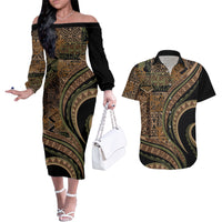 Hawaiian Hibiscus Tribal Vintage Motif Couples Matching Off The Shoulder Long Sleeve Dress and Hawaiian Shirt Ver 8 LT9 Brown - Polynesian Pride