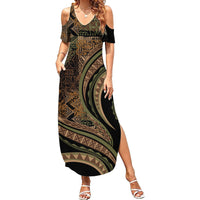 Hawaiian Hibiscus Tribal Vintage Motif Family Matching Summer Maxi Dress and Hawaiian Shirt Ver 8 LT9 Mom's Dress Brown - Polynesian Pride