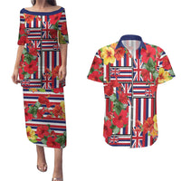 Hawaii Hibiscus Lei Couples Matching Puletasi and Hawaiian Shirt Hawaiian Flag Motif LT9 Red - Polynesian Pride