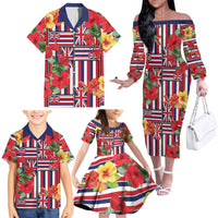 Hawaii Hibiscus Lei Family Matching Off The Shoulder Long Sleeve Dress and Hawaiian Shirt Hawaiian Flag Motif LT9 - Polynesian Pride