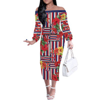 Hawaii Hibiscus Lei Family Matching Off The Shoulder Long Sleeve Dress and Hawaiian Shirt Hawaiian Flag Motif LT9 Mom's Dress Red - Polynesian Pride