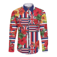 Hawaii Hibiscus Lei Long Sleeve Button Shirt Hawaiian Flag Motif LT9 Unisex Red - Polynesian Pride