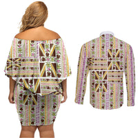 Hawaii Lokelani Pikake Lei Couples Matching Off Shoulder Short Dress and Long Sleeve Button Shirt Hawaiian Flag Motif LT9 - Polynesian Pride