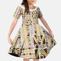 Hawaii Lokelani Pikake Lei Family Matching Off The Shoulder Long Sleeve Dress and Hawaiian Shirt Hawaiian Flag Motif LT9 Daughter's Dress White - Polynesian Pride