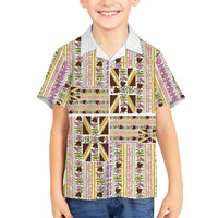 Hawaii Lokelani Pikake Lei Family Matching Off The Shoulder Long Sleeve Dress and Hawaiian Shirt Hawaiian Flag Motif LT9 Son's Shirt White - Polynesian Pride