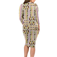 Hawaii Lokelani Pikake Lei Long Sleeve Bodycon Dress Hawaiian Flag Motif