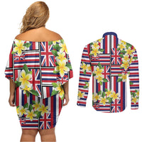 Hawaii Plumeria Lei Couples Matching Off Shoulder Short Dress and Long Sleeve Button Shirt Hawaiian Flag Motif LT9 - Polynesian Pride