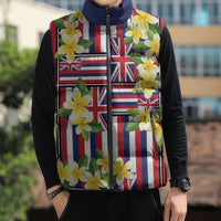 Hawaii Plumeria Lei Sleeveless Puffer Jacket Hawaiian Flag Motif