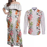Hawaii Tropical Twist Lei Couples Matching Off Shoulder Maxi Dress and Long Sleeve Button Shirt Hawaiian Flag Motif LT9 White - Polynesian Pride