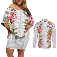 Hawaii Tropical Twist Lei Couples Matching Off Shoulder Short Dress and Long Sleeve Button Shirt Hawaiian Flag Motif LT9 White - Polynesian Pride