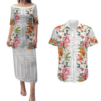 Hawaii Tropical Twist Lei Couples Matching Puletasi and Hawaiian Shirt Hawaiian Flag Motif LT9 White - Polynesian Pride