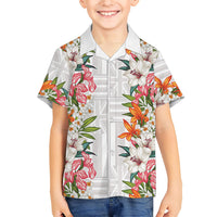 Hawaii Tropical Twist Lei Family Matching Off Shoulder Short Dress and Hawaiian Shirt Hawaiian Flag Motif LT9 Son's Shirt White - Polynesian Pride