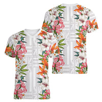 Hawaii Tropical Twist Lei Women V-Neck T-Shirt Hawaiian Flag Motif LT9 - Polynesian Pride