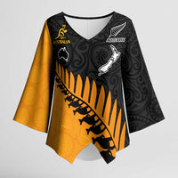 Australia New Zealand Rugby Kimono Sleeve Blouse Gold Aboriginal Wallabies and Maori Black Fern LT9 Female Gold - Polynesian Pride