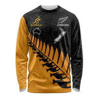 Custom Australia Wallabies and Aotearoa Rugby Long Sleeve Shirt Kangaroo Black Fern Maori Gold Vibe LT9 Unisex Gold - Polynesian Pride