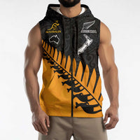 Australia New Zealand Rugby Sleeveless Zip Hoodie Gold Aboriginal Wallabies and Maori Black Fern LT9 - Polynesian Pride