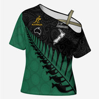 Australia New Zealand Rugby Cross Shoulder Shirt Green Aboriginal Wallabies and Maori Black Fern LT9 Female Green - Polynesian Pride