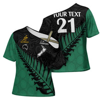 Australia New Zealand Rugby Cross Shoulder Shirt Green Aboriginal Wallabies and Maori Black Fern LT9 - Polynesian Pride
