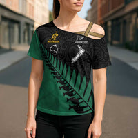 Australia New Zealand Rugby Cross Shoulder Shirt Green Aboriginal Wallabies and Maori Black Fern LT9 - Polynesian Pride