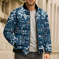 Blue Hawaiian Tapa Tribal Hibiscus Bomber Puffer Jacket LT9 - Polynesian Pride