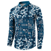 Blue Hawaiian Tapa Tribal Hibiscus Button Sweatshirt LT9 - Polynesian Pride