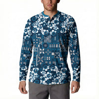 Blue Hawaiian Tapa Tribal Hibiscus Button Sweatshirt LT9 - Polynesian Pride