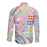 Maori Kowhaiwhai Taniko Patchwork Rainbow Motifs Long Sleeve Button Shirt