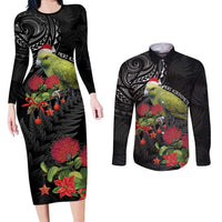 Meri Kirihimete Kakapo Couples Matching Long Sleeve Bodycon Dress and Long Sleeve Button Shirt Black Silver Fern Christmas Vibe LT9 Black - Polynesian Pride