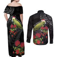 Meri Kirihimete Kakapo Couples Matching Off Shoulder Maxi Dress and Long Sleeve Button Shirt Black Silver Fern Christmas Vibe LT9 - Polynesian Pride