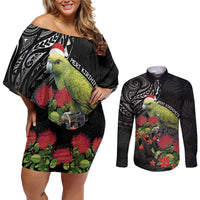 Meri Kirihimete Kakapo Couples Matching Off Shoulder Short Dress and Long Sleeve Button Shirt Black Silver Fern Christmas Vibe LT9 Black - Polynesian Pride