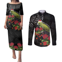 Meri Kirihimete Kakapo Couples Matching Puletasi and Long Sleeve Button Shirt Black Silver Fern Christmas Vibe LT9 Black - Polynesian Pride