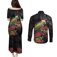 Meri Kirihimete Kakapo Couples Matching Puletasi and Long Sleeve Button Shirt Black Silver Fern Christmas Vibe LT9 - Polynesian Pride