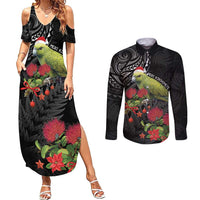 Meri Kirihimete Kakapo Couples Matching Summer Maxi Dress and Long Sleeve Button Shirt Black Silver Fern Christmas Vibe LT9 Black - Polynesian Pride