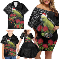 Meri Kirihimete Kakapo Family Matching Off Shoulder Short Dress and Hawaiian Shirt Black Silver Fern Christmas Vibe LT9 - Polynesian Pride