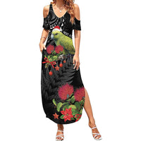 Meri Kirihimete Kakapo Family Matching Summer Maxi Dress and Hawaiian Shirt Black Silver Fern Christmas Vibe LT9 Mom's Dress Black - Polynesian Pride