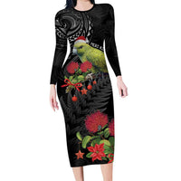 Meri Kirihimete Kakapo Long Sleeve Bodycon Dress Black Silver Fern Christmas Vibe LT9 Long Dress Black - Polynesian Pride