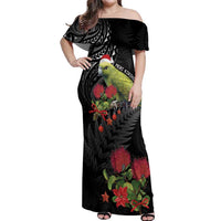 Meri Kirihimete Kakapo Off Shoulder Maxi Dress Black Silver Fern Christmas Vibe LT9 Women Black - Polynesian Pride