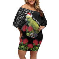 Meri Kirihimete Kakapo Off Shoulder Short Dress Black Silver Fern Christmas Vibe LT9 Women Black - Polynesian Pride