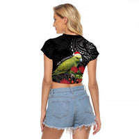 Meri Kirihimete Kakapo Raglan Cropped T Shirt Black Silver Fern Christmas Vibe LT9 - Polynesian Pride