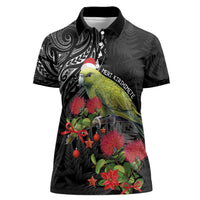 Meri Kirihimete Kakapo Women Polo Shirt Black Silver Fern Christmas Vibe