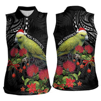 Meri Kirihimete Kakapo Women Sleeveless Polo Shirt Black Silver Fern Christmas Vibe LT9 - Polynesian Pride