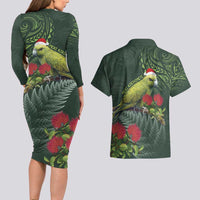 Meri Kirihimete Kakapo Couples Matching Long Sleeve Bodycon Dress and Hawaiian Shirt Green Silver Fern Christmas Vibe LT9 - Polynesian Pride