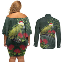 Meri Kirihimete Kakapo Couples Matching Off Shoulder Short Dress and Long Sleeve Button Shirt Green Silver Fern Christmas Vibe LT9 - Polynesian Pride