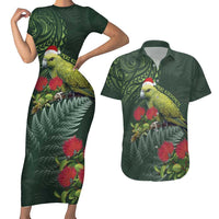 Meri Kirihimete Kakapo Couples Matching Short Sleeve Bodycon Dress and Hawaiian Shirt Green Silver Fern Christmas Vibe LT9 Green - Polynesian Pride