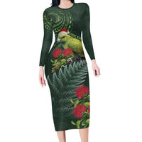 Meri Kirihimete Kakapo Family Matching Long Sleeve Bodycon Dress and Hawaiian Shirt Green Silver Fern Christmas Vibe LT9 Mom's Dress Green - Polynesian Pride