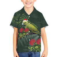 Meri Kirihimete Kakapo Family Matching Off The Shoulder Long Sleeve Dress and Hawaiian Shirt Green Silver Fern Christmas Vibe LT9 Son's Shirt Green - Polynesian Pride