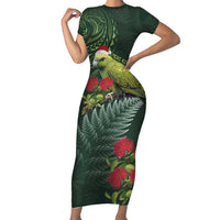Meri Kirihimete Kakapo Family Matching Short Sleeve Bodycon Dress and Hawaiian Shirt Green Silver Fern Christmas Vibe LT9 Mom's Dress Green - Polynesian Pride